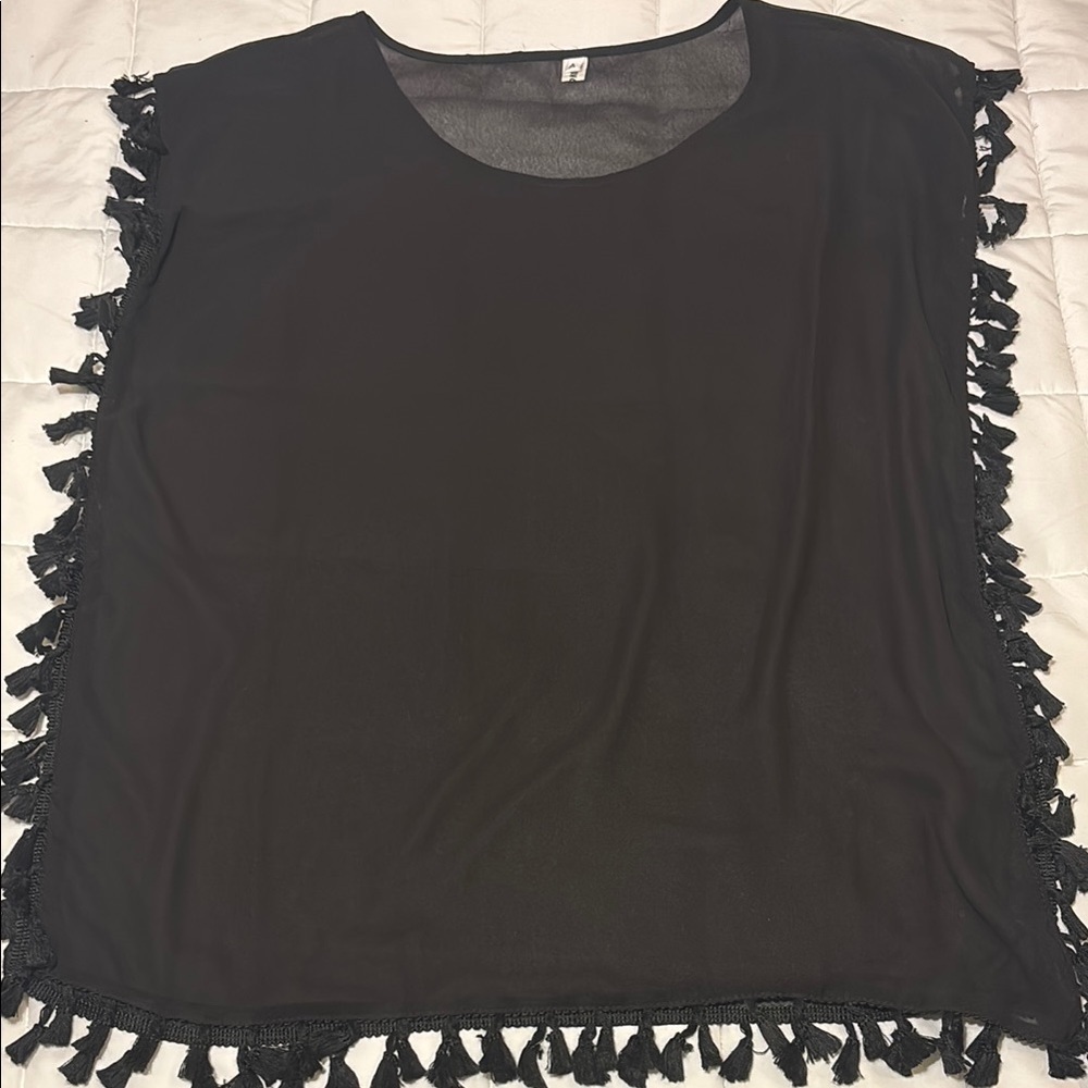 Fringed Black Sheer Swim Coverup Tassel / Poncho